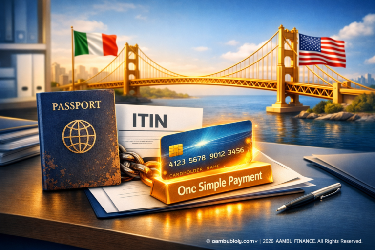 A guide showing a passport and an ITIN document being used to apply for a credit-building product in the US.