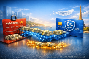 A visual explanation of moving debt from a high-interest credit card to a 0% APR balance transfer card.