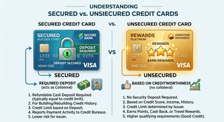 A comparison chart or visual showing the difference between a secured and unsecured credit card.