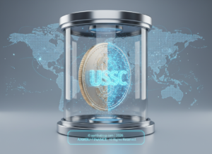 A high-tech digital vault showing a US Dollar coin merging with a stablecoin symbol, representing the bridge between traditional and digital finance.