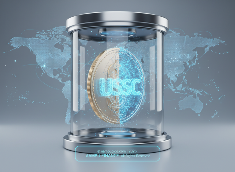 A high-tech digital vault showing a US Dollar coin merging with a stablecoin symbol, representing the bridge between traditional and digital finance.