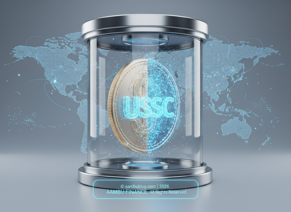A high-tech digital vault showing a US Dollar coin merging with a stablecoin symbol, representing the bridge between traditional and digital finance.