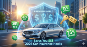 A 3D illustration of a car being protected by a digital shield, symbolizing insurance savings.