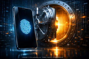 A high-tech smartphone displaying a biometric fingerprint scan with a digital vault in the background.